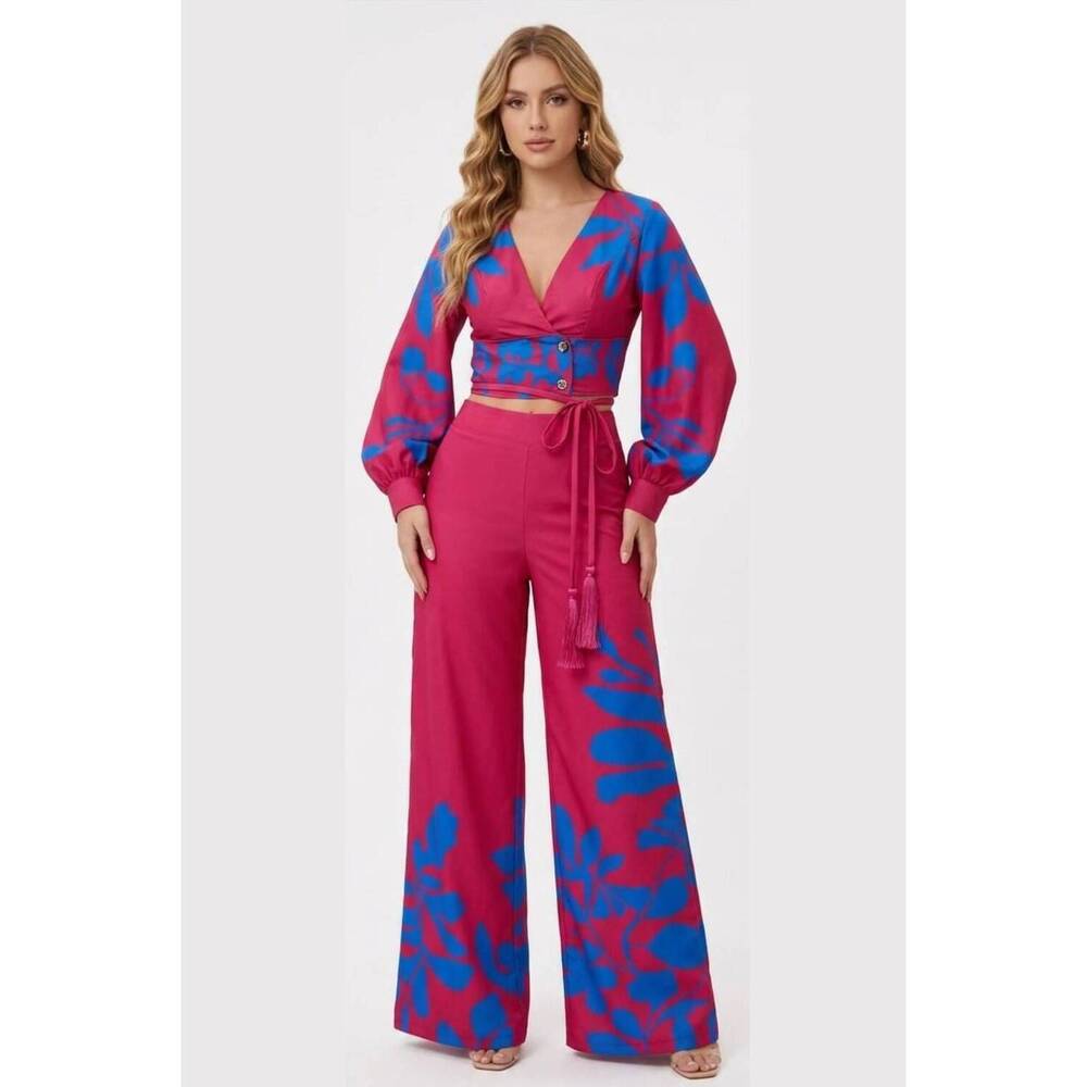 NEW CHICWAYS tropical breeze two-piece crop top & wide-leg pant set in rose